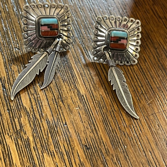 Vintage QT Sterling Inlaid Turquoise Multi Gemstone Earrings Southwestern - Picture 9 of 11